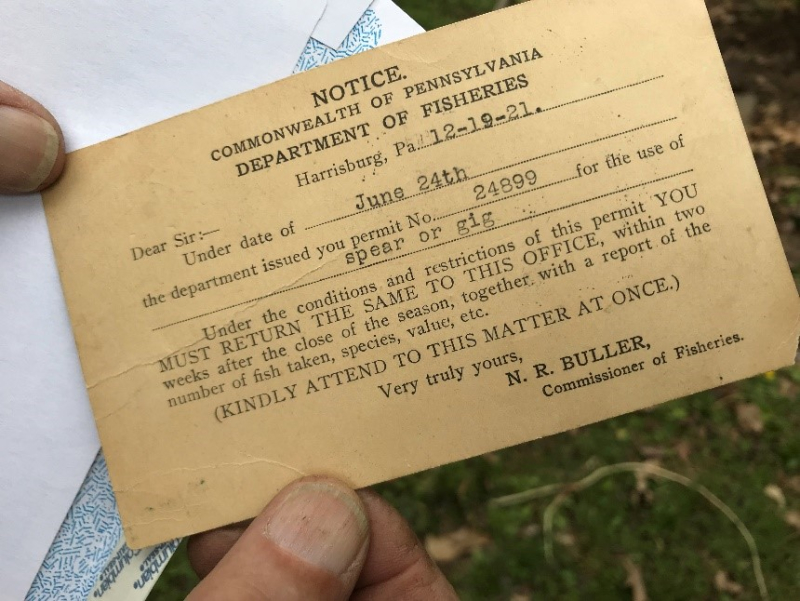Old eel spear or gig permit issued in PA by Van Wagner